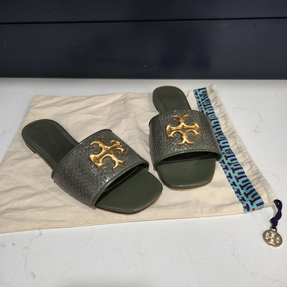 Tory Burch Shoes - Tory Burch Eleanor Olive and Gold Slide Sandals Double T Square Open Toe Size 11